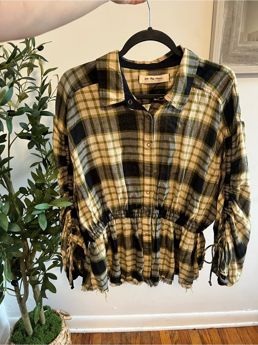 We The Free Olive Green and Black Plaid Drawstring Button-Up Top